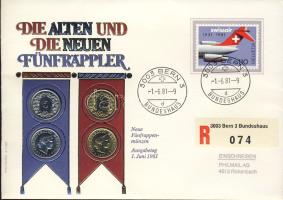 Svájc 1980. 5R + 1981. 5R "A régi és az új 5R-es" érmés, bélyeges borítékon T:1