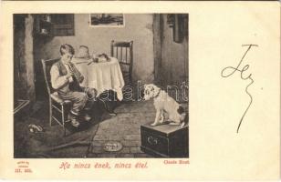 1900 Ha nincs ének, nincs étel / Children art postcard, boy with dog. Bayer Pal III. 535. s: Claude Hunt (EK)
