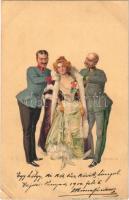 1900 Hölgy Cs. és k. tisztekkel.. Kunstanstalt Kosmos litho s: Geiger R., 1900 Hungarian art postcard, lady with K.u.K. military officers. Kunstanstalt Kosmos litho s: Geiger R.