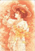 1900 Art Nouveau lady art postcard, floral. litho