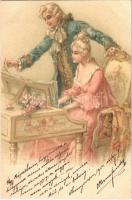 1900 Romantic couple, lady playing the piano. litho