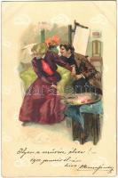 1900 Ja oder Nein! Romantic couple, painter with lady. litho (vágott / cut)