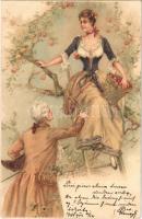 1900 Romantic couple, lady art postcard. litho (vágott / cut)