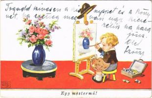 Egy mestermű / Children art postcard, boy painting. W.S.S.B. 7194/1. s: John Wills (EK)