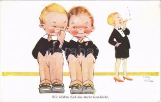 Wir bleiben doch das starke Geschlecht / Children art postcard. Wohlgemuth & Lissner No. 2538. s: Mabel Lucie Attwell