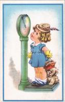 1950 Children art postcard, girl with dog. Amag 0469. (EB)