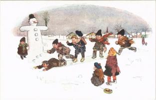 Hungarian children art postcard, snowman, winter. Magyar Rotophot Társaság Nr. 2646/5. s: Pólya Tibor
