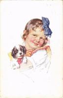 1916 Children art postcard, girl with puppy dog. B.K.W.I. 521-5. s: K. Feiertag (kis szakadás / small tear)