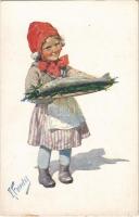Children art postcard, girl with fish. B.K.W.I. 3192-1. s: K. Feiertag (kis szakadás / small tear)