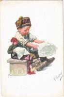 Children art postcard, boy reading the newspaper. B.K.W.I. 153/6. s: K. Feiertag (kopott sarok / worn corner)