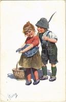 1917 Children art postcard, romantic couple. B.K.W.I. 982-1. s: K. Feiertag (EK)