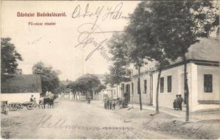1913 Budakalász, Fő utca, lovas szekér, üzlet (fl)