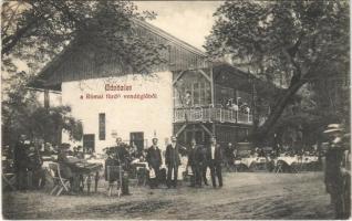 1911 Budapest III. Római fürdő, Rómaifürdő; fürdő vendéglő kerthelyisége cigány zenekarral, cimbalom (EK)