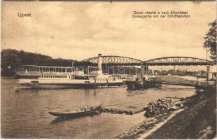 1916 Budapest IV. Újpest, Dunai részlet a hajóállomással, híd, tutajok, MÁTYÁS KIRÁLY oldalkerekes személyszállító gőzhajó