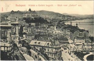 1909 Budapest I. Kilátás a Gellért-hegyről, Gellért szobor, Tabán, Döbrentei tér, vár, Rácz fürdő, piac, fodrász, Stosz-féle vendéglő, Keller Ignác üzlete. Taussig A. 10648. (fl)