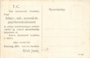 1911 Kőszeg, Róth Jenő könyv-, mű-, zenemű- és papírkereskedés, Decker fodrász üzlete. Hátoldalon re...