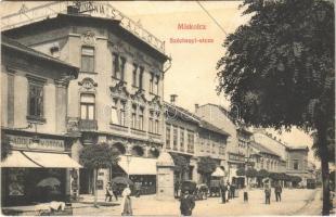 1912 Miskolc, Széchenyi utca, Pannonia szálloda, villamos, Weissberg Adolf Özv. utóda üzlete, lovashintók, Ruha és Kelme Forrás a Turistához