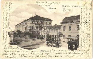 1904 Miskolc, Megyeház, utca, Kellner Ignác, Berkó Bernát üzlete, piaci árusok. Falkenstein S. kiadása