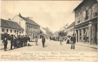 1904 Csáktornya, Cakovec; Fő tér, Heinrich Miksa és Neumann Albert üzlete / main square, shops