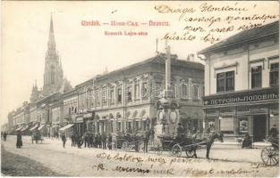 1908 Újvidék, Novi Sad; Kossuth Lajos utca, lovaskocsik, templom, Kereszt szobor, Petrovic és Popovic üzlete. Klein Vilmos kiadása / street, shop, church, statue