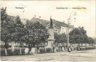 1906 Versec, Vrsac; Andrássy tér, Takarékpénztár, Hősök szobra / square, military heroes statue, savings bank