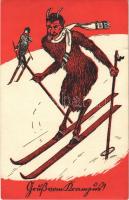 1930 Síelő krampusz, téli sport / Krampus skiing in winter, sport. C.H.W. VIII/2. 2503-14. (EK)