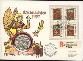 Liechtenstein 1987. "Karácsony" vallási témájú Ag emlékérem 17,87g érmés, bélyeges borítékon T:1