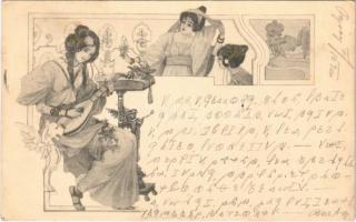 1900 Szecessziós hölgy mandolinnal. Titkosírás / Art Nouveau lady with mandolin. cryptography