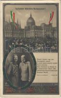 Budapest V. Országház. Győzelem örömeire Budapesten! II. Vilmos császár és Ferenc József szecessziós propaganda. Viribus Unitis (EK)