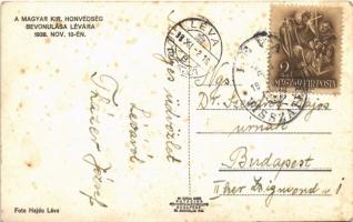 1938 Léva, Levice; bevonulás, gyógyszertár, Bernát Link és Vörösmarty üzlete, Slavia. Foto Hajdu / e...