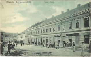 1906 Nagyszombat, Tyrnau, Trnava; Posta épület, utca, Weisz József, Herczog Lipót üzlete, gyógyszertár. Horovitz Adolf kiadása / post office, shops, street, pharmacy