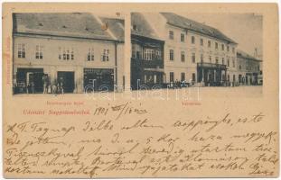 1901 Nagyszombat, Tyrnau, Trnava; Városház, utca, Goldberger A., Horváth József fodrász és Bruckmayer G. üzlete. Bruckmayer G. kiadása / town hall, streets, shops (EK)