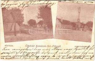 1908 Komáromszentpéter, Komárom-Szt.-Péter, Svaty (Dolny) Peter; Fő utca, gémes kút, Szentháromság szobor / main street, shadoof well, Trinity statue (vágott / cut)