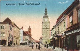 1917 Nagyszombat, Tyrnau, Trnava; Ferenc József tér, torony, Bernfeld és Bauer Károly üzlete, kávéház / square, tower, shops, cafe