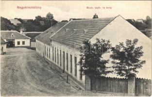 Nagykosztolány, Velké Kostolany; utca, Római katolikus iskola, fogyasztási szövetkezet üzlete. Szobotha János kiadása / street, cooperative shop, school