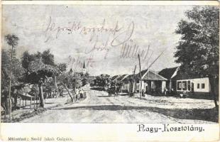 1905 Nagykosztolány, Nagy-Kosztolány, Velké Kostolany; utca, templom, kút. Szold Jakab kiadása / street, churches, well