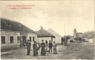 Nagykosztolány, Nagy-Kosztolány, Velké Kostolany; utca, templom, fogyasztási szövetkezet üzlete, papok. Donát felvétele / street, church, cooperative shop, priests