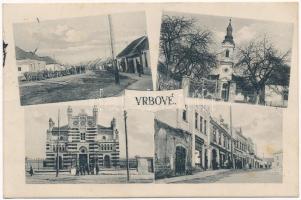 1938 Verbó, Vrbové; zsinagóga, utca, templom, J. Adamec és Stefan Gauk üzlete. Koloman kiadása / synagogue, street, church, shops  (fl)