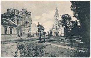Pöstyén, Piestany; zsinagóga és evangélikus templom. Ponger Salamon kiadása / synagogue and Lutheran church