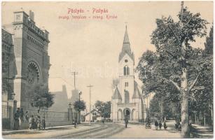 1909 Pöstyén, Piestany; zsinagóga és evangélikus templom. Ponger Salamon kiadása / synagogue and Lutheran church