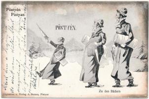 1904 Pöstyén, Pistyan, Piestany; Humoros antiszemita judaika művészlap / Zu den Bädern. Eigenthum und Verlag A. Bernas / Judaica anti-Semitic humour, Jewish man going to the spa (EK)