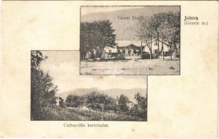 1907 Jolsva, Jelsava (Gömör); Városi fürdő, Czibur féle kertrészlet / spa, garden of the villa (vágott / cut)