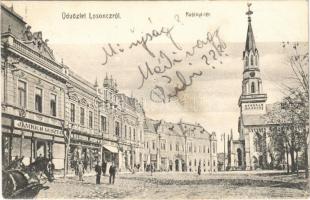 1906 Losonc, Lucenec; Kubinyi tér, templom, Jamrich Gusztáv, Ifj. Steiner József és Halmos Hugó üzlete / square, church, shops