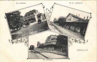 1909 Gödöllő, Királyi váróterem, MÁV pályaudvar, vasútállomás, lovashintók, vonat. Art Nouveau, floral (EK)