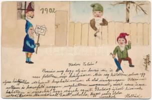 1902 Boldog új évet! Kézzel rajzolt üdvözlőlap törpékkel / New Year, hand-painted postcard with dwarves