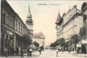 Szabadka, Subotica; Kossuth utca, Kramer Antal és Társa üzlete, Arany Bárány szálloda, kávéház / street, shop, cafe, hotel (fl)