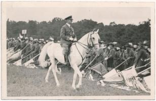 1933 Gödöllő, Cserkész Világ Jamboree, Horthy Miklós fehér lovon zászlókat tartó cserkészek előtt / IV. Scout Jamboree, Horthy on white horse. photo (fl)
