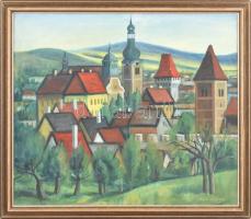 Németh János (1937-): Kőszeg látképe. Olaj, vászon, jelzett. Fa keretben, 60x80cm / János Németh (19...