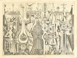 Hincz Gyula (1904-1986): Kompozíció. Rézkarc, papír, jelzett. Művészpéldány 0/I. számozással. Üvegezett fa keretben, 29×38 cm. / Etching on paper, signed.