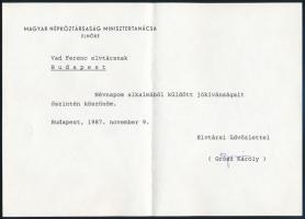 1987 Grósz Károly (1930-1996) magyar politikus, a Minisztertanács elnöke, az MSZMP főtitkárának aláírása köszönőlapon, borítékkal